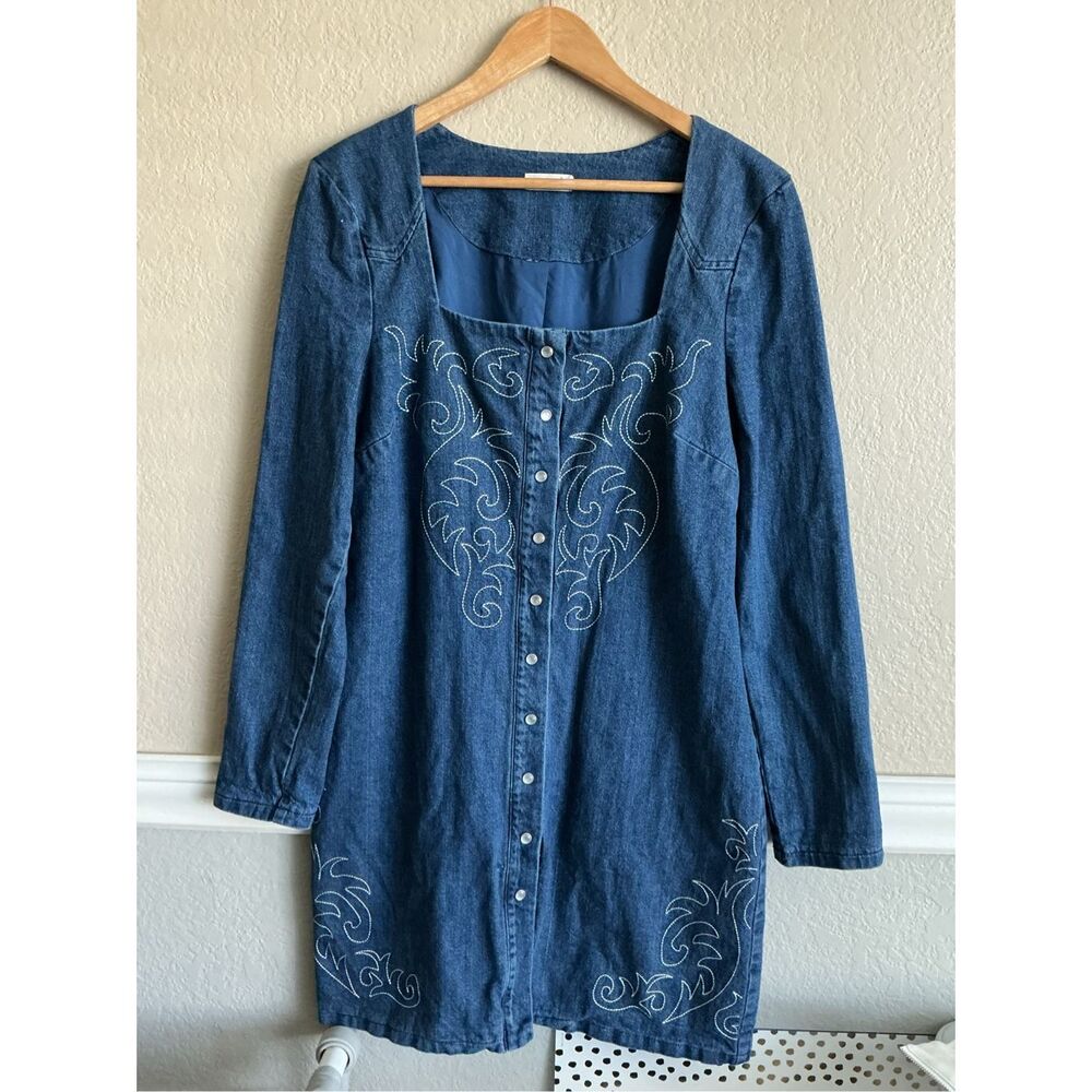Avec Les Filles Western Embroidery Long Sleeve Denim Mini Dress
